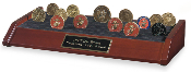 6 Row Challenge Coins Rack. ,Available in Cherry finish. Includes black-on-brass engraving plate. (Engraving additional) Holds approximately 60 coins.